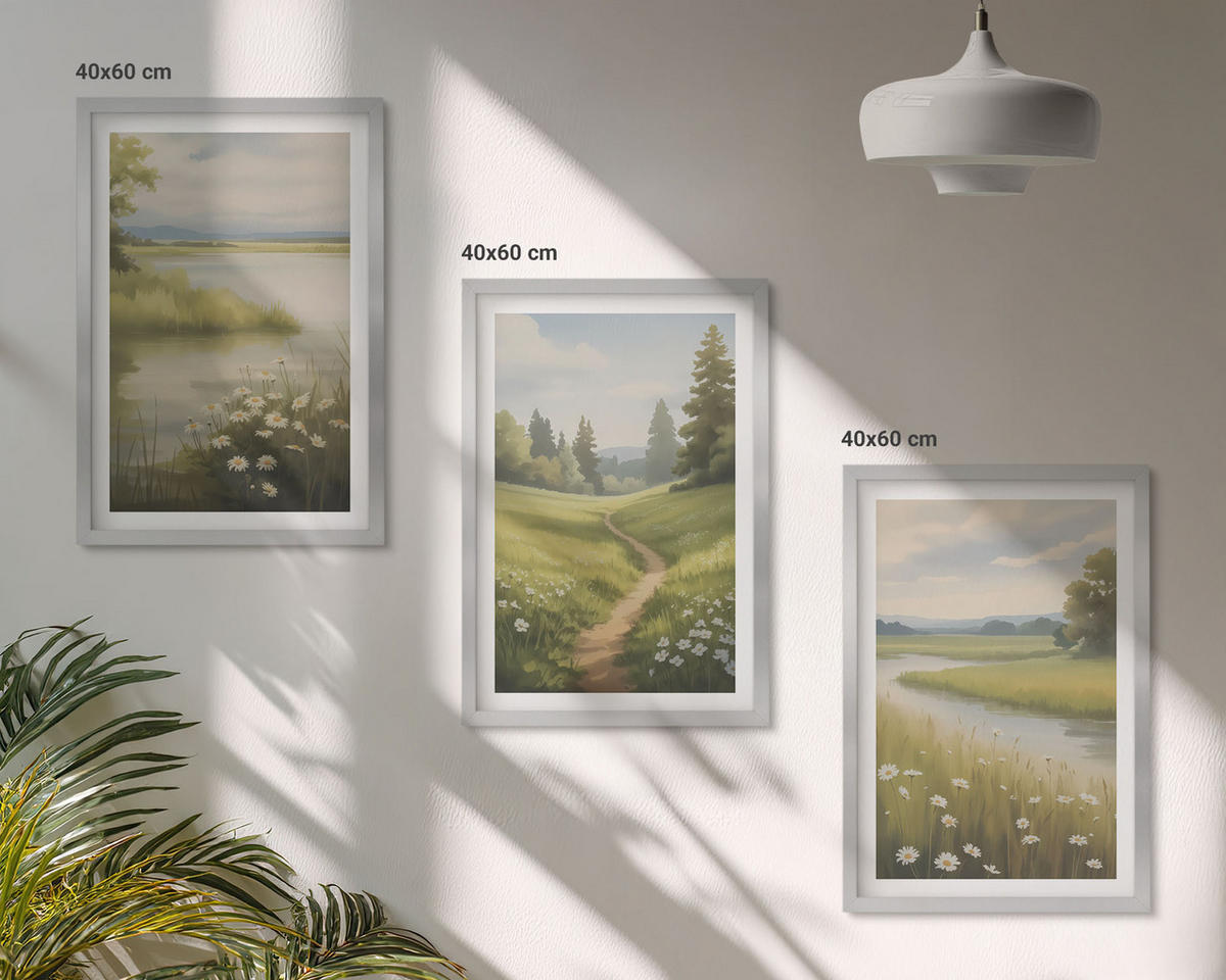BILDER SET 3er Set - 40x60 cm Silberner Rahmen - Frühlingslandschaft Flusswiese - Silberfarben, Kunststoff (40/60cm) - TULUP