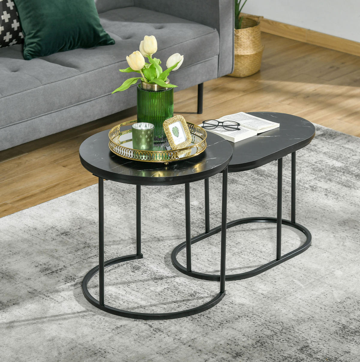 COUCHTISCH Ø50/50.5 cm und 60/36/43.5 cm schwarz aus Stahl und MDF stapelbar - Schwarz, Metall (50/50/50.5cm) - OKMYHOME