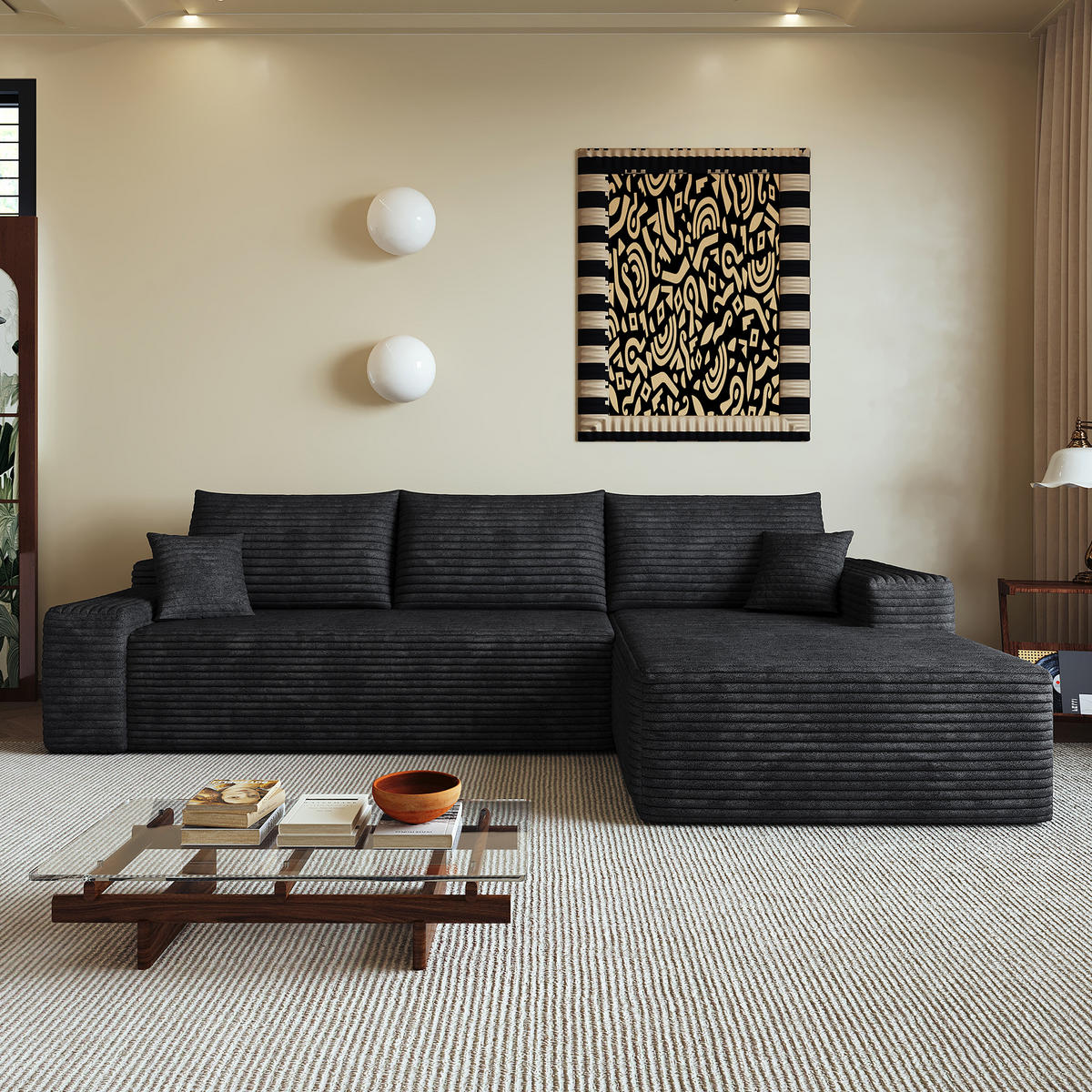 ECKSOFA 270/175/83 cm Schwarz Cord mit Chaiselongue, Rechte Seite - Schwarz, Textil (270/175cm) - Oxeza