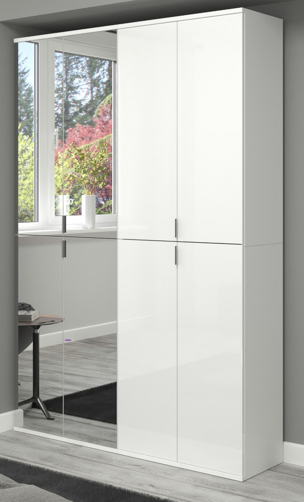 GARDEROBENSCHRANK weiß Hochglanz 122 cm, Schuhschrank mit Spiegel - Chromfarben/Weiß Hochglanz, Glas/Holzwerkstoff (122/193/34cm) - Inn.Furn