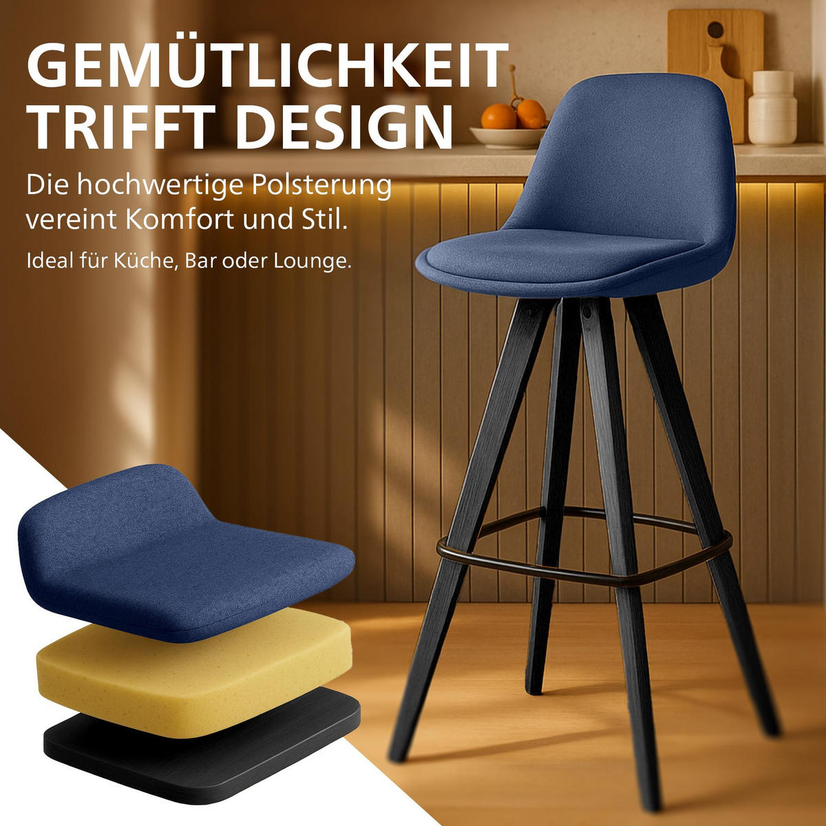 BARHOCKER 2er Set Stoff Blau - Blau/Schwarz, Holz/Textil (38/99/44cm) - CLP