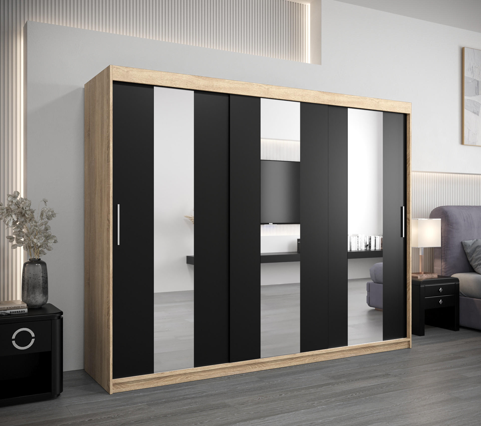 SCHWEBETÜRENSCHRANK 200/250/62 2-türig - Silberfarben/Schwarz, Holz/Kunststoff (250/200/62cm) - Abiks Möbel