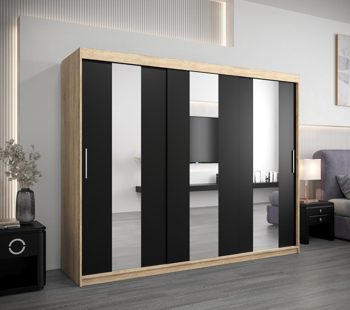 SCHWEBETÜRENSCHRANK 200/250/62 2-türig - Silberfarben/Schwarz, Holz/Kunststoff (250/200/62cm) - Abiks Möbel