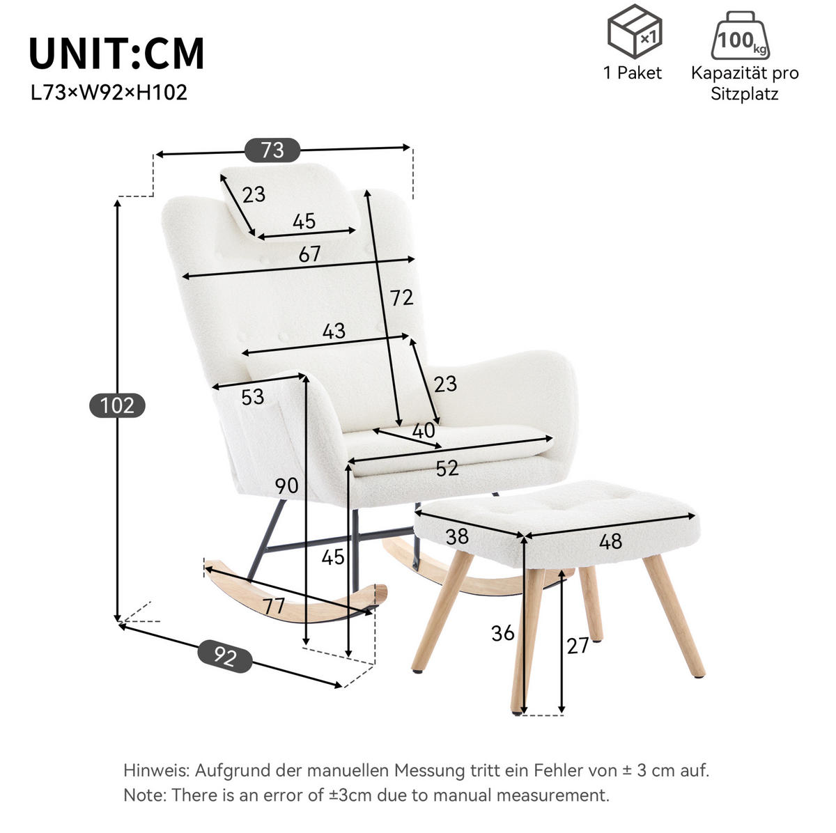 RELAX-SCHAUKELSTUHL 73/92/102 cm mit Hocker und Teddybezug – bis 100 kg belastbar - Weiß, Textil (92/102/73cm) - BEAOK