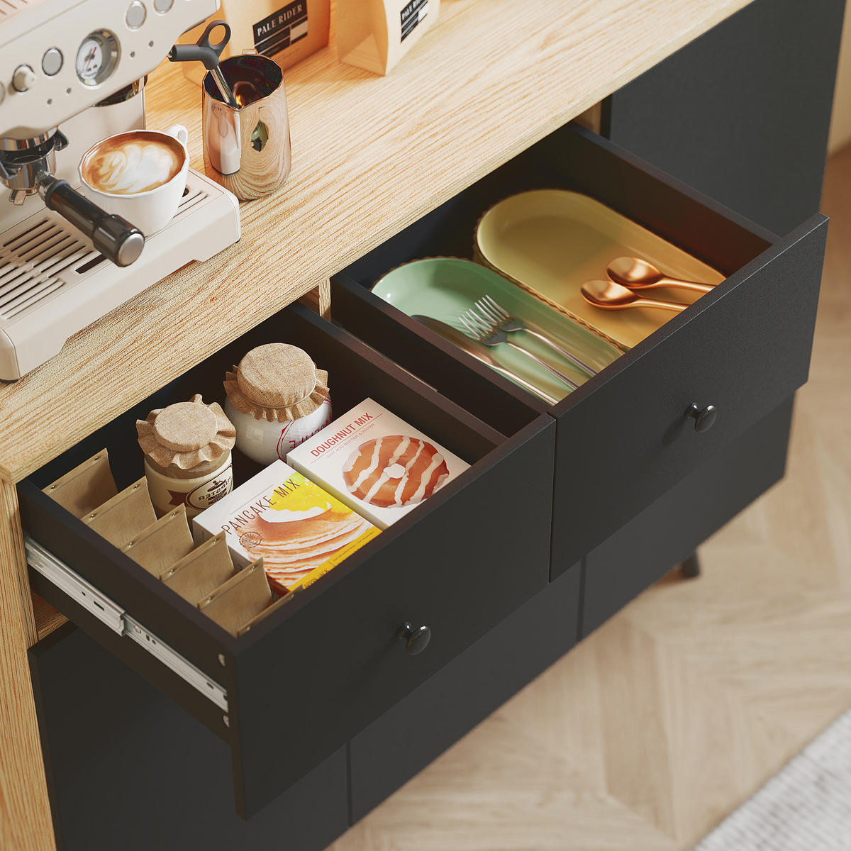 BUFFET DE-11188 RGB-LED, 6 Türen & 2 Schubladen Schwarz - Schwarz, Holzwerkstoff (40/176/100cm) - ComfortXL