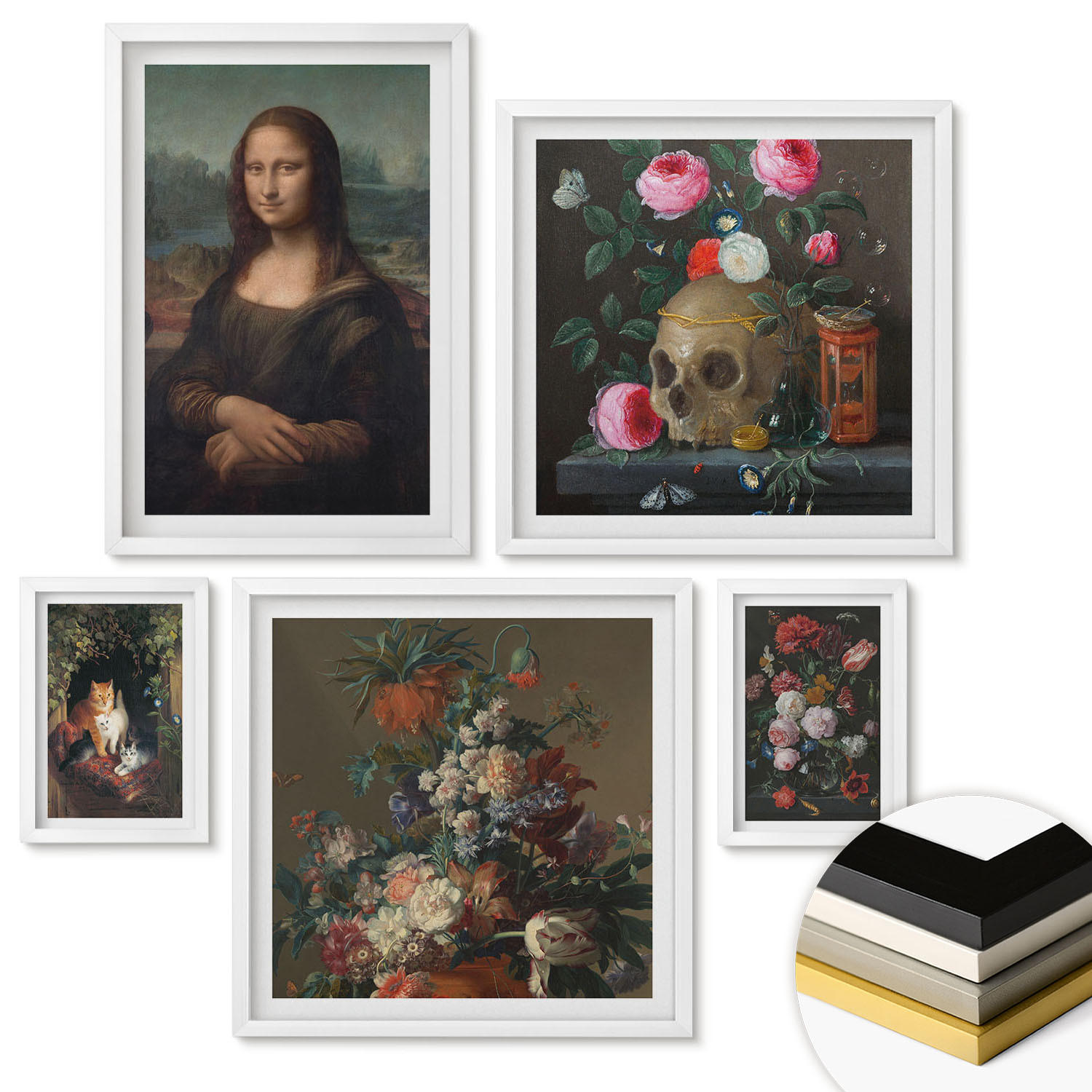 WANDBILDER 5er-Set - 50x50 cm & 20x30 cm & 40x60 cm Weißer Rahmen - Vintage Blumen Totenkopf Mona Lisa - Weiß, Kunststoff (40/60cm) - ArtPrintCave