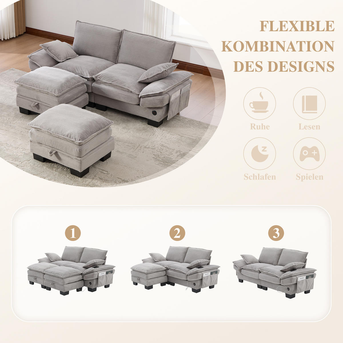 2-SITZER SOFA Cord Hellgrau mit Hocker und USB-C - Hellgrau, Holzwerkstoff/Kunststoff (190/84/132cm) - WISHDOR