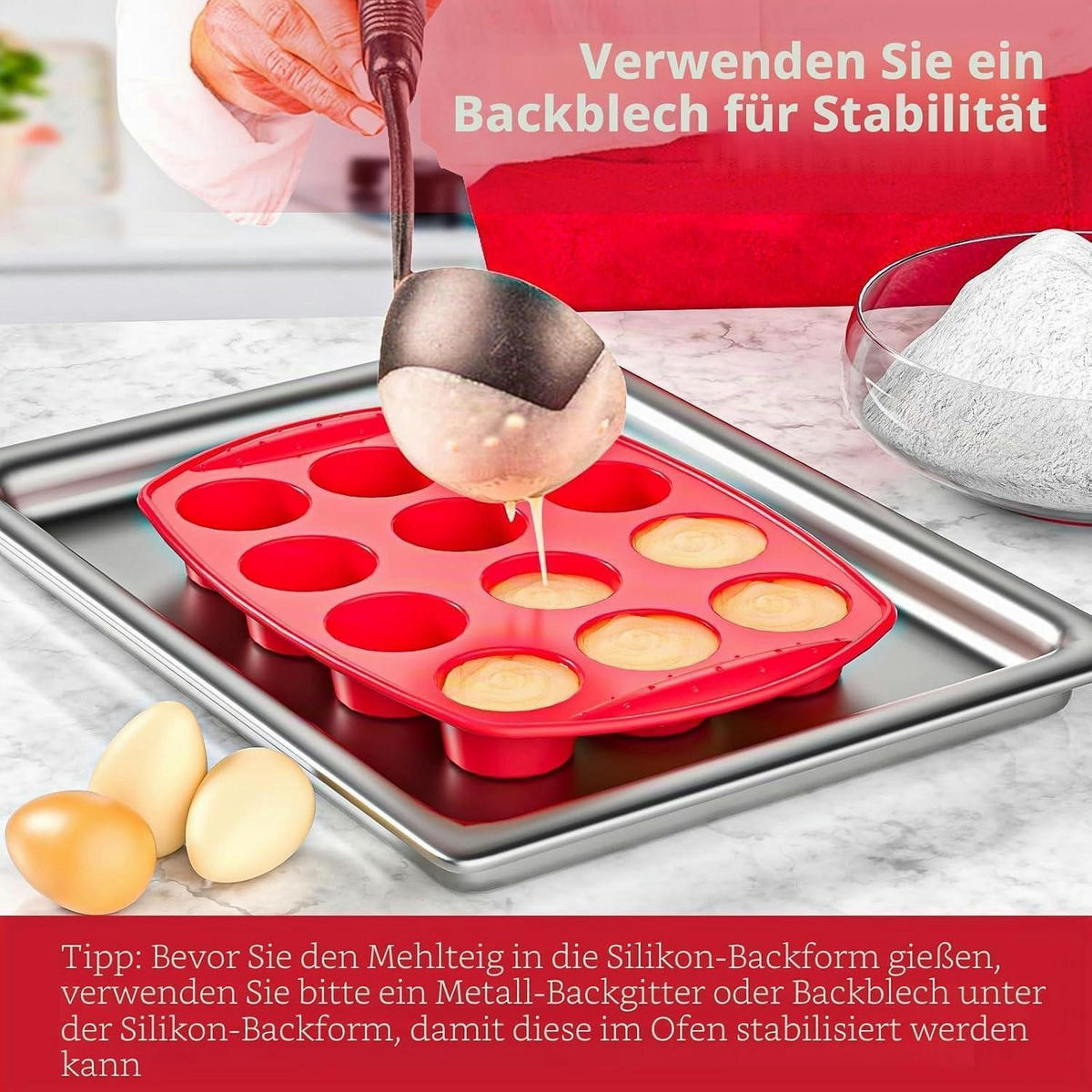 MUFFINBACKFORM 2-teiliges Set Silikon mit Spatel - Rot, Kunststoff (20.5/3/29.5cm)