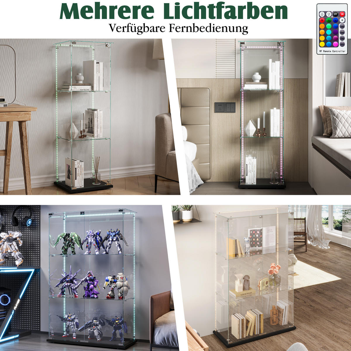 VITRINE Schwarz Mit LED, 2 Türen, 3 Böden, Glas-Schrank Für Wohnzimmer - Schwarz, Holz (35/123.3/78.5cm)