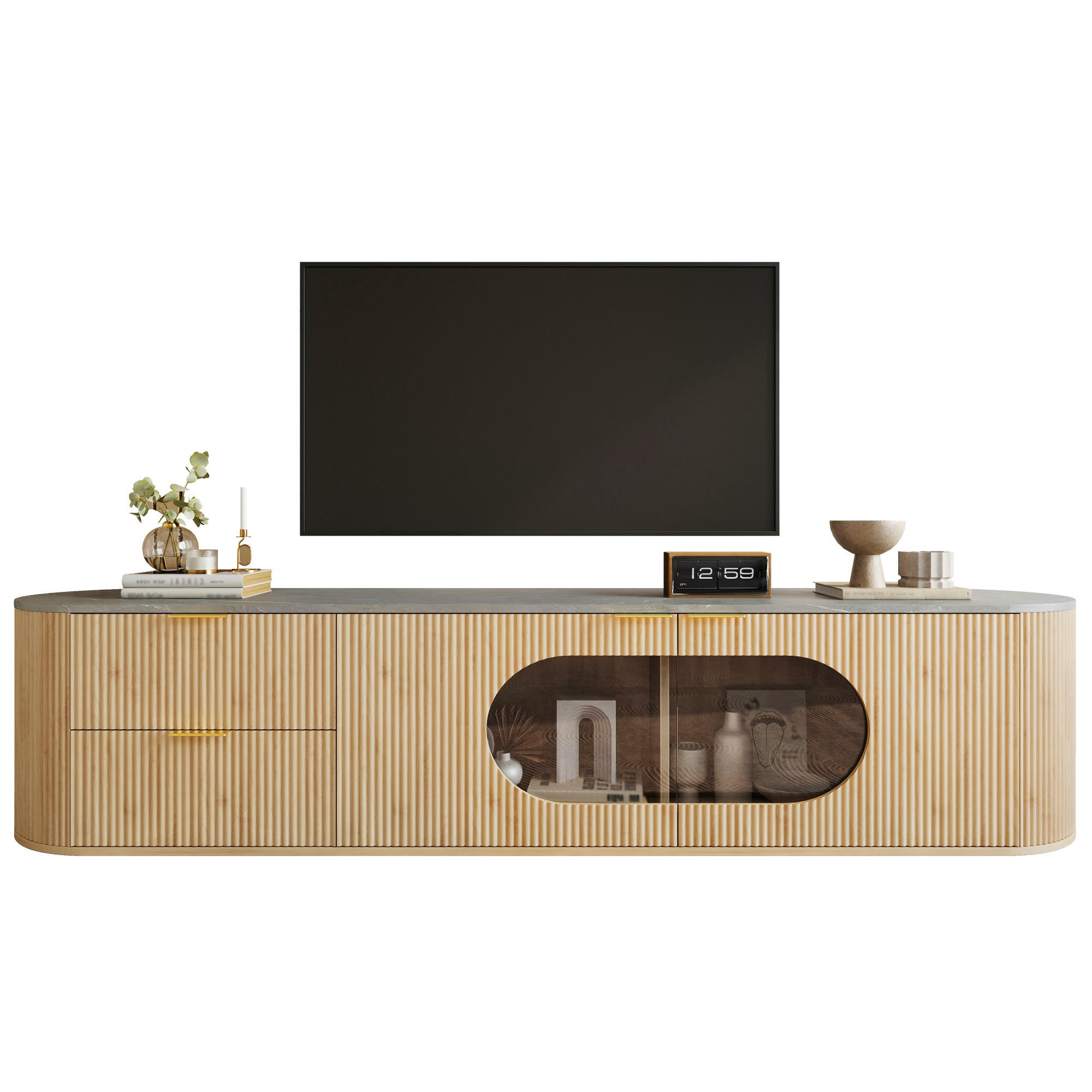 TV-SCHRANK Lowboard Holzoptik 3D Streifen Glasvitrine - Naturfarben, Holz (172/45.5/38cm) - LEBENLANG