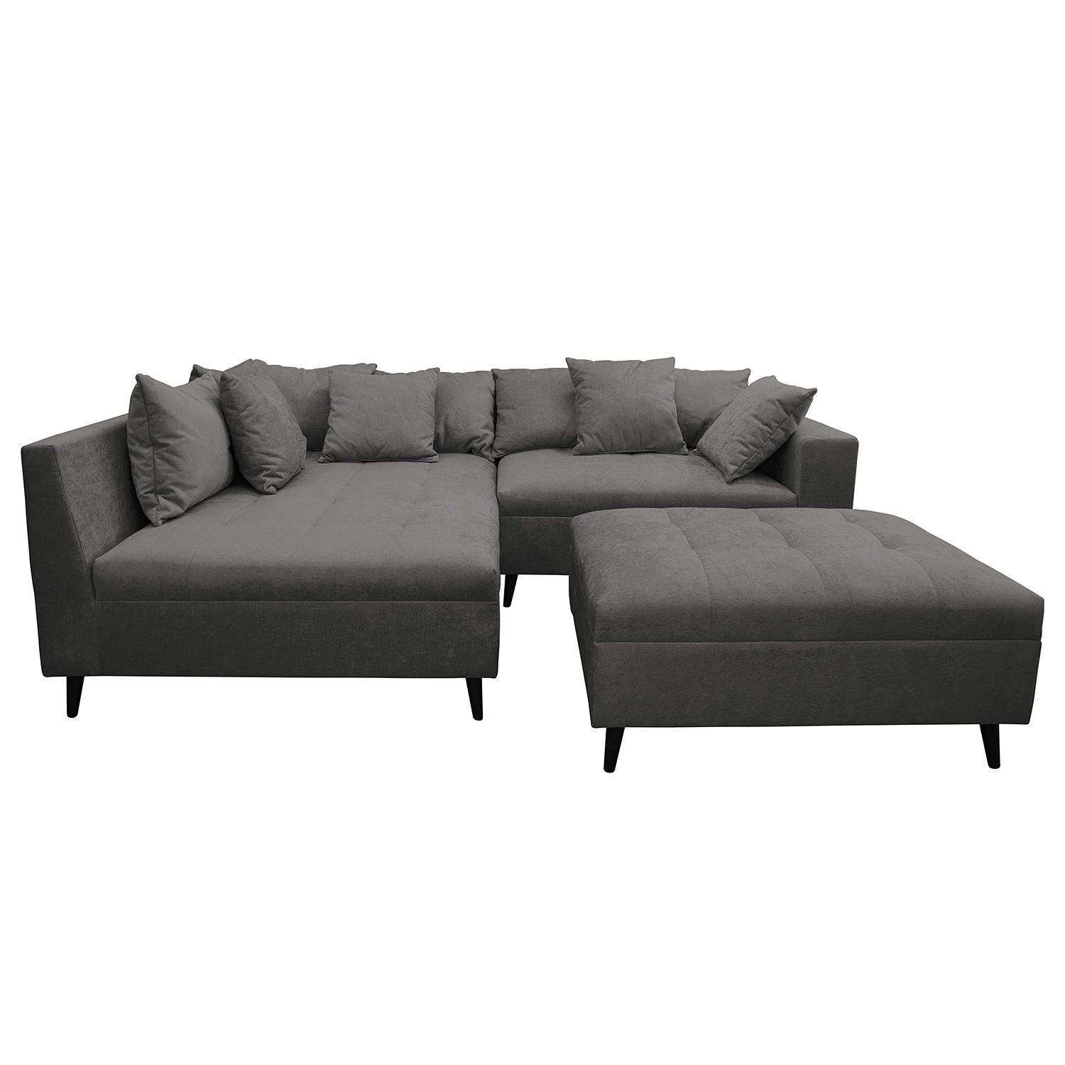 ECKSOFA mit Ottomane und Hocker - Schwarz/Grau, Birkenholz/Textil (247/174cm) - home24