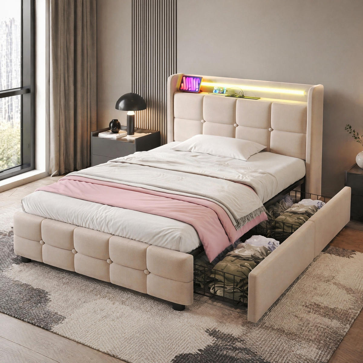 POLSTERBETT 90/200 cm in Beige mit 2 Schubladen, LED, USB und Steckdosen - Beige, Holzwerkstoff/Textil (90/200cm) - CHICFURN