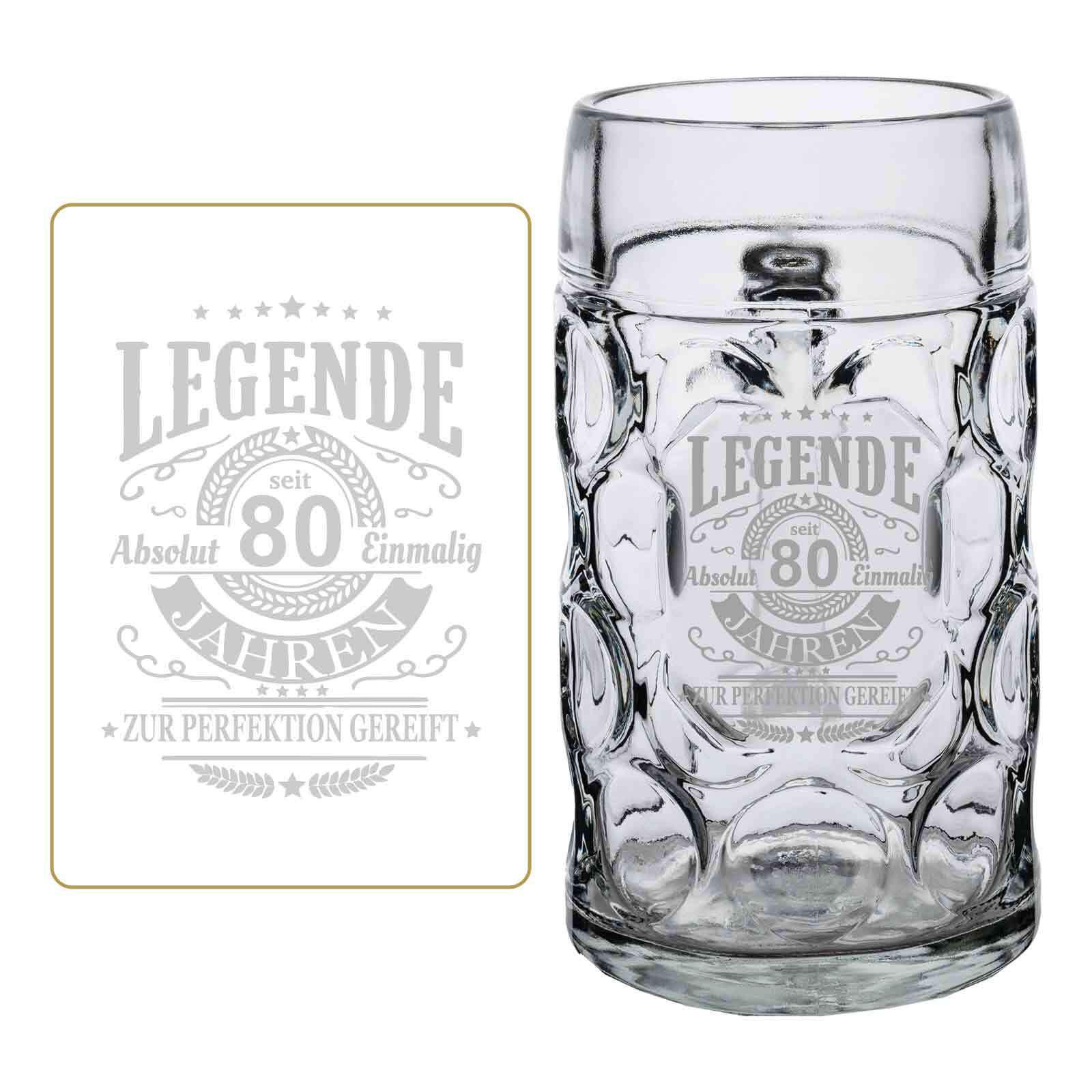 MASSKRUG MIT GRAVUR Legende seit 80 Jahren transparent 1,0 Liter - Transparent, Glas (1L) - LUXENTU