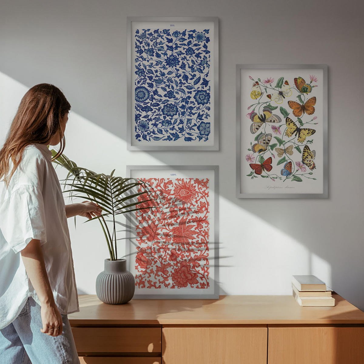 WANDBILDER 3er Set - 40x60 cm Silberner Rahmen - Vintage-Blumen-Schmetterlings-Ornamente - Silberfarben, Kunststoff (40/60cm) - ArtPrintCave