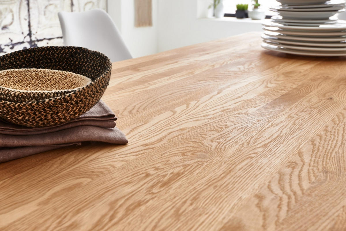 ESSTISCH Baumkante massiv Wildeiche weiß SESSA 80 cm - Beige/Weiß, Holz/Metall (80/80/77cm) - SAM