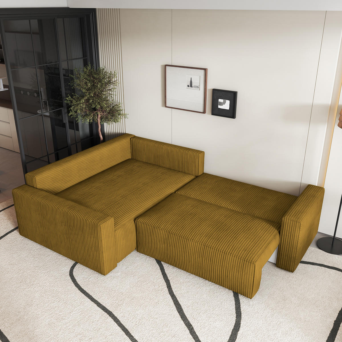 ECKSOFA ERONIS L-S Gelb Kordstoff mit Schlaffunktion - Gelb, Holz (265/194cm) - MASSENO