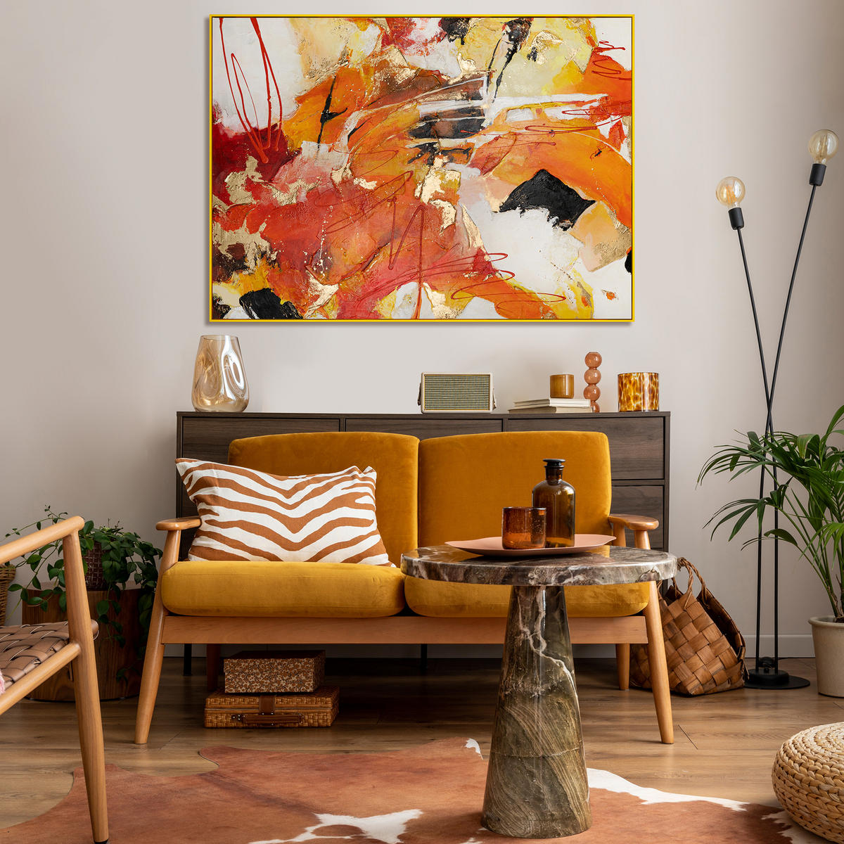 GEMÄLDE Orangene Explosion II Schattenfugenrahmen Gelb 180x120 cm - Gelb, Holz (180/120cm) - YS-art gallery