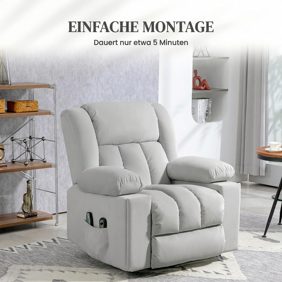 TV-RECLINERFÅTÖLJ med uppresningshjälp Relaxfåtölj med massage-/varm-/liggfunktion - Ljusgrå, Textil (93/104/101cm) - HOMCOM