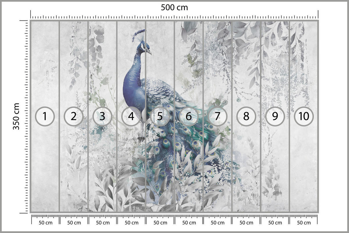 FOTOTAPETE für Schlafzimmer Abstrakte Vogel Pfau Beton Blätter 500x350 - Türkis/Blau, Papier (500/350cm) - Muralo