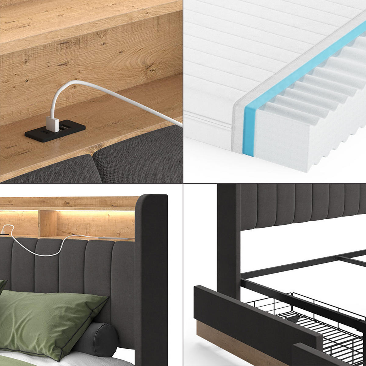 ČALOUNĚNÁ POSTEL Nura Antracit - antracitová/barva dubu, kompozitní dřevo - VitaliSpa