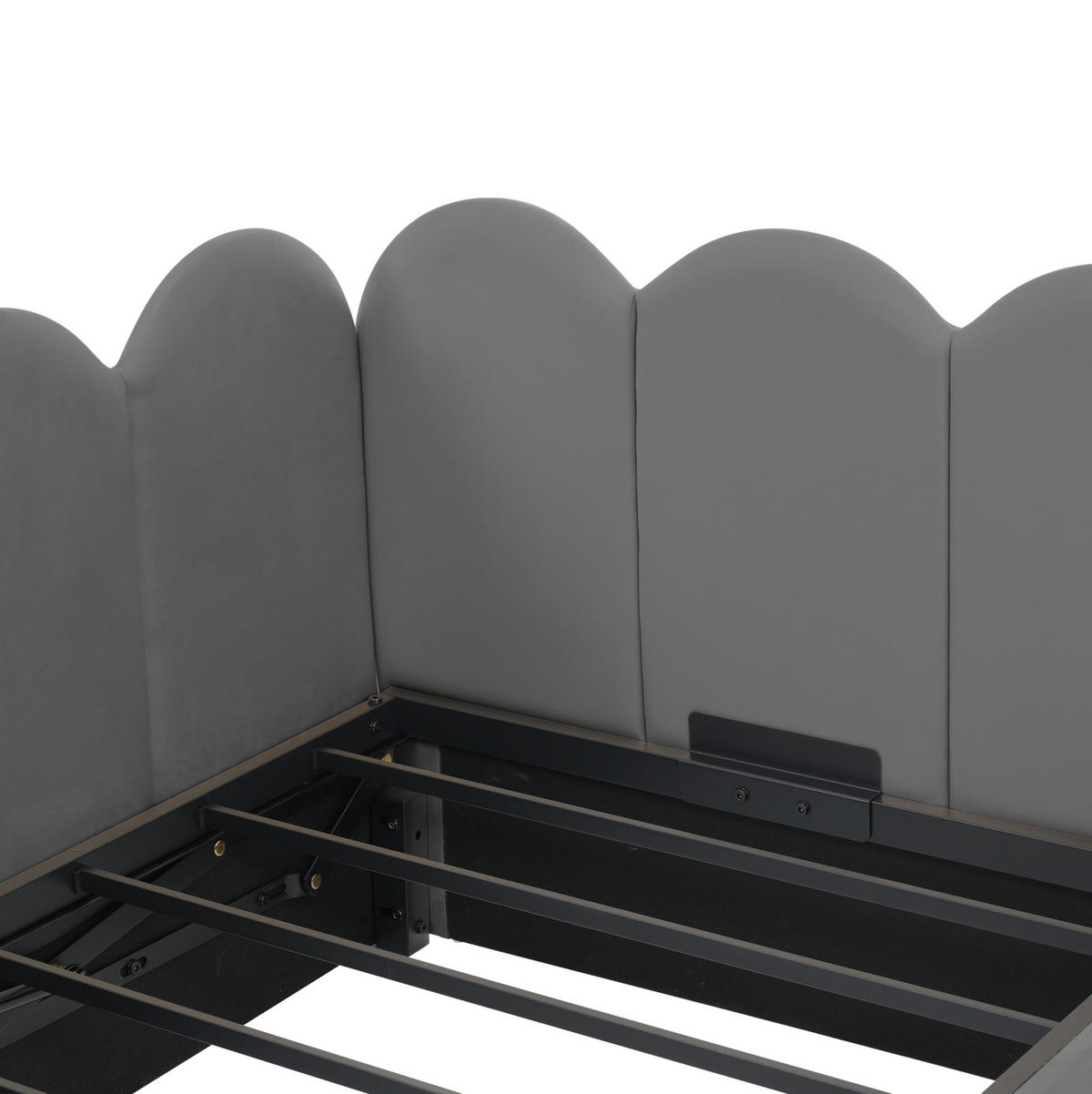 POLNJENA postelja iz žameta 90x200 cm siva z dvigovalnim shranjevalnim prostorom, kovinskim letvenim dnom in igrivim rešetkastim dizajnom - siva, tekstil (90/200cm) - Modfu