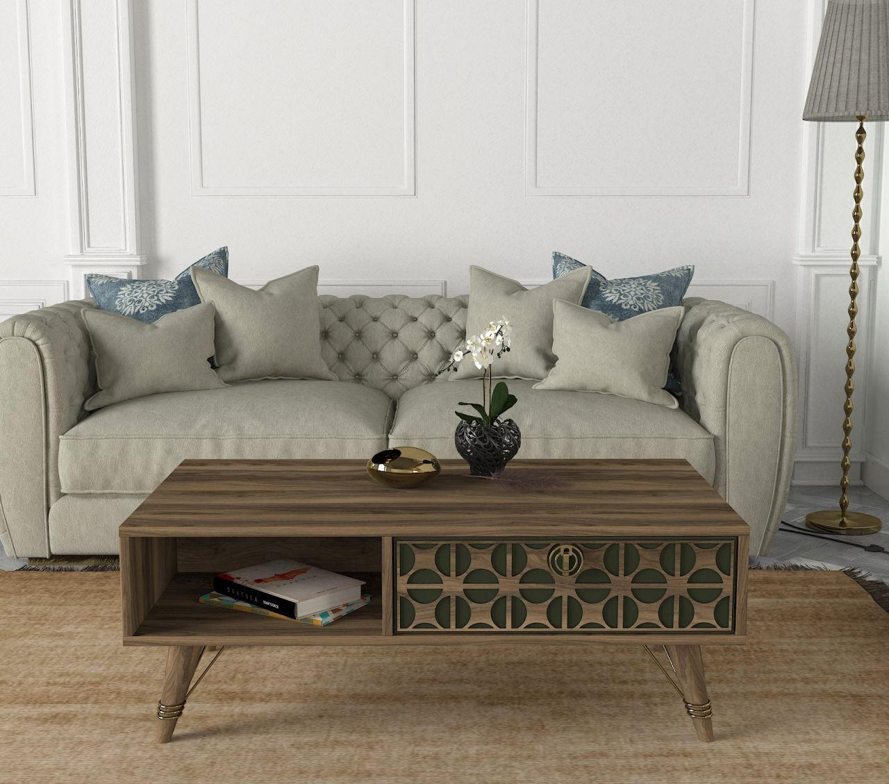 COUCHTISCH Valente Walnuss Dunkelgrün - Dunkelgrün/Goldfarben, Holzwerkstoff/Kunststoff (60/110/41.6cm) - moebel17