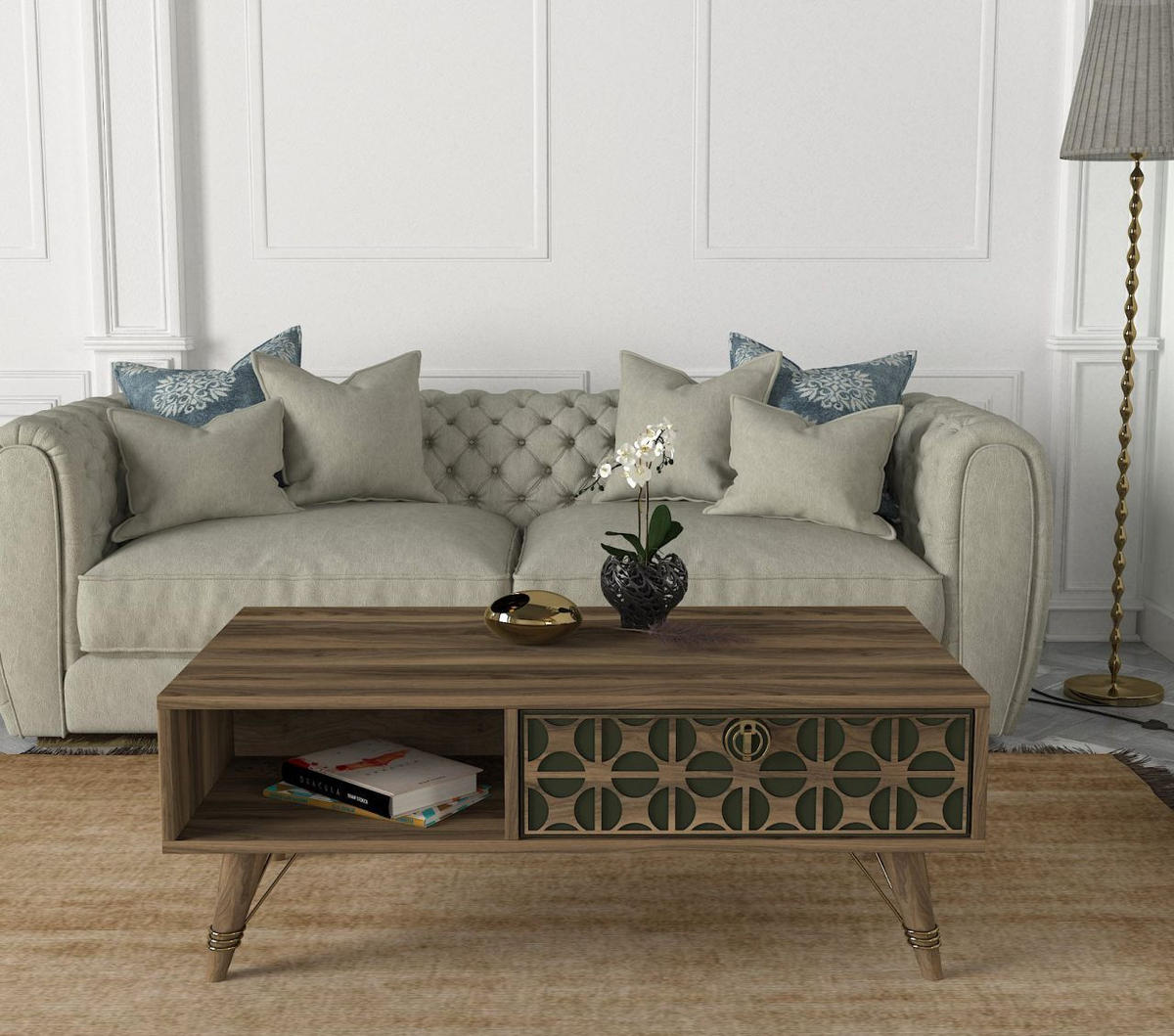 COUCHTISCH Valente Walnuss Dunkelgrün - Dunkelgrün/Goldfarben, Holzwerkstoff/Kunststoff (60/110/41.6cm) - moebel17