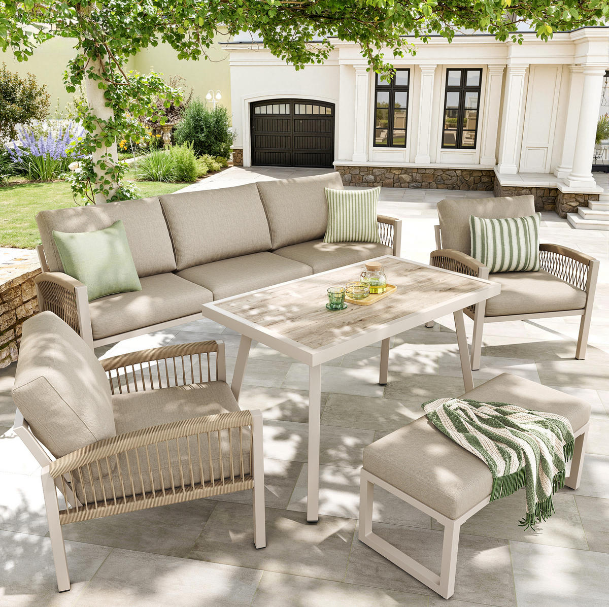 GARTEN-LOUNGE-SET für 7 Personen mit Stahlrahmen & Coffeetable Glas in Holzoptik, 173,5/65/62,5 cm, Beige - Beige, Metall - Redom