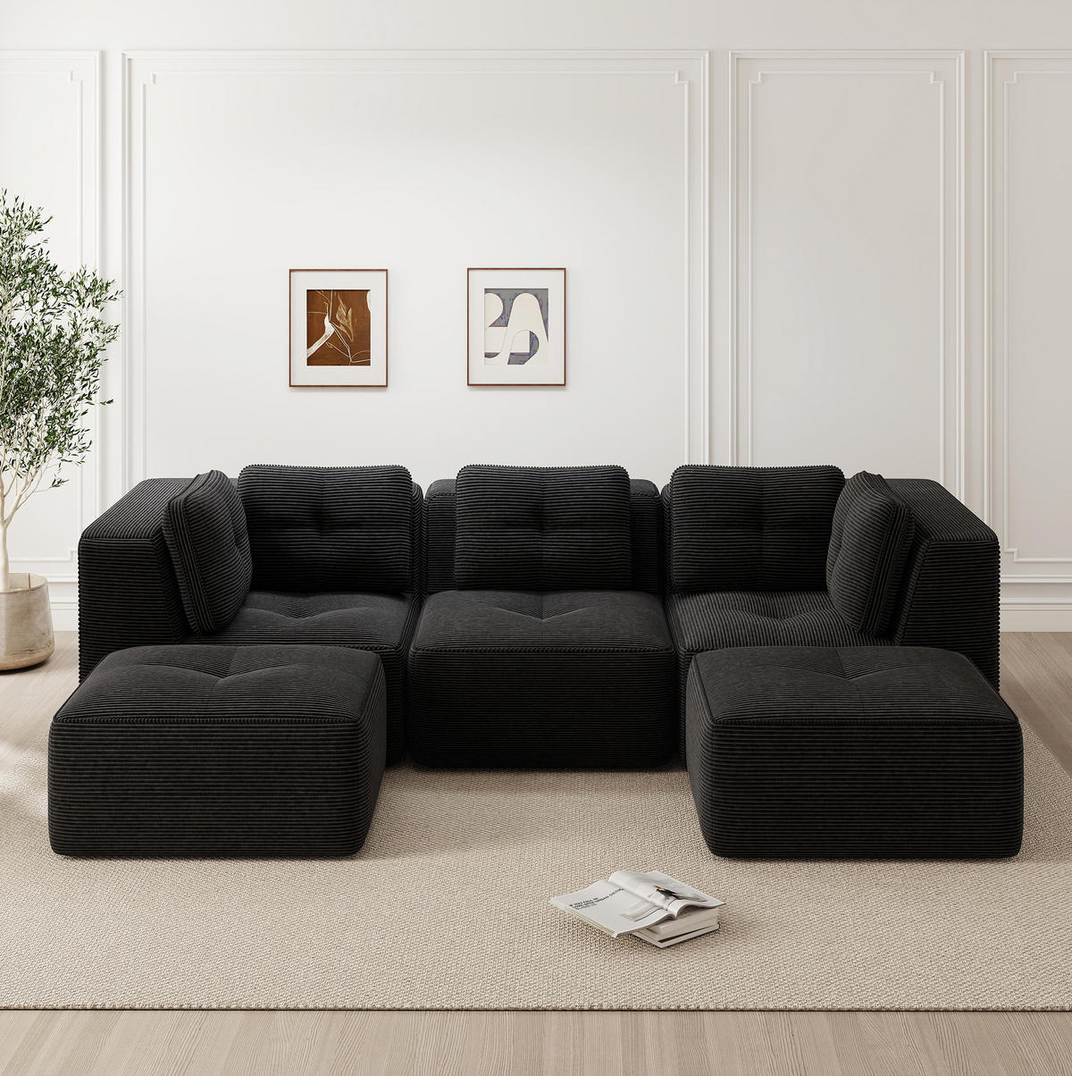 ECKSOFA 297/177/69 cm schwarz aus Cord mit modularem Design ohne Montage - Schwarz, Textil (177/297cm) - OKWISH