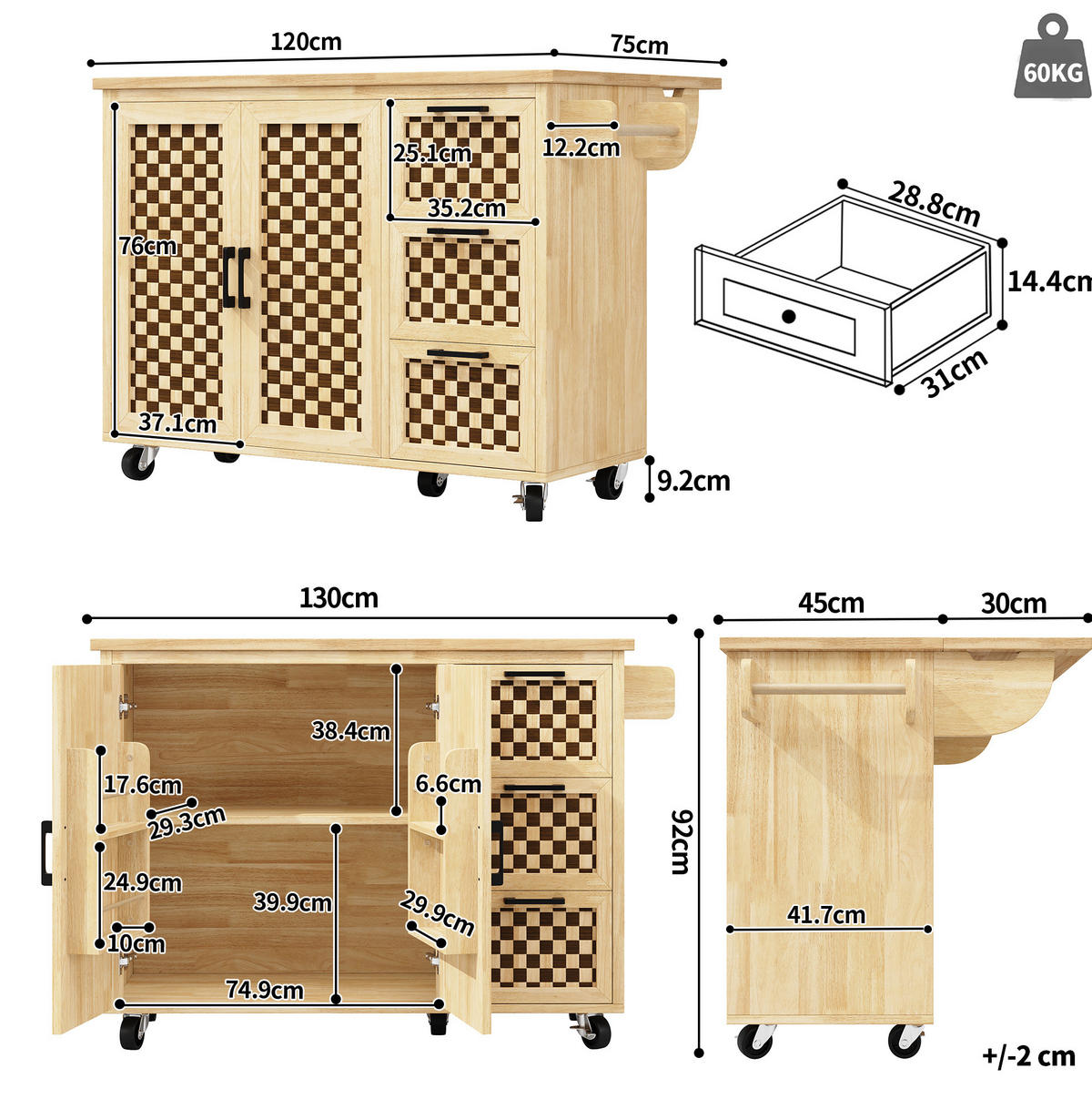 KÜCHENINSEL 120x45x92cm Natur mit Klapptisch & 3 Schubladen - Naturfarben, Holzwerkstoff (120/92/45cm) - Modfu