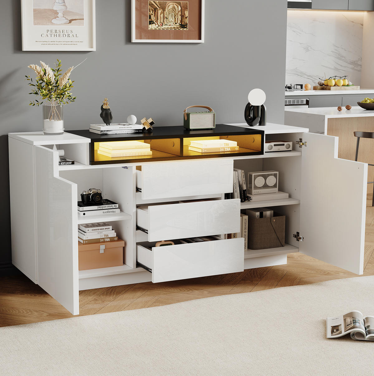 SIDEBOARD 140/40/68 cm mit 2 Türen, 3 Schubladen & LED, Weiß/Schwarz - Weiß, Holzwerkstoff (140/68/40cm) - BEAOK