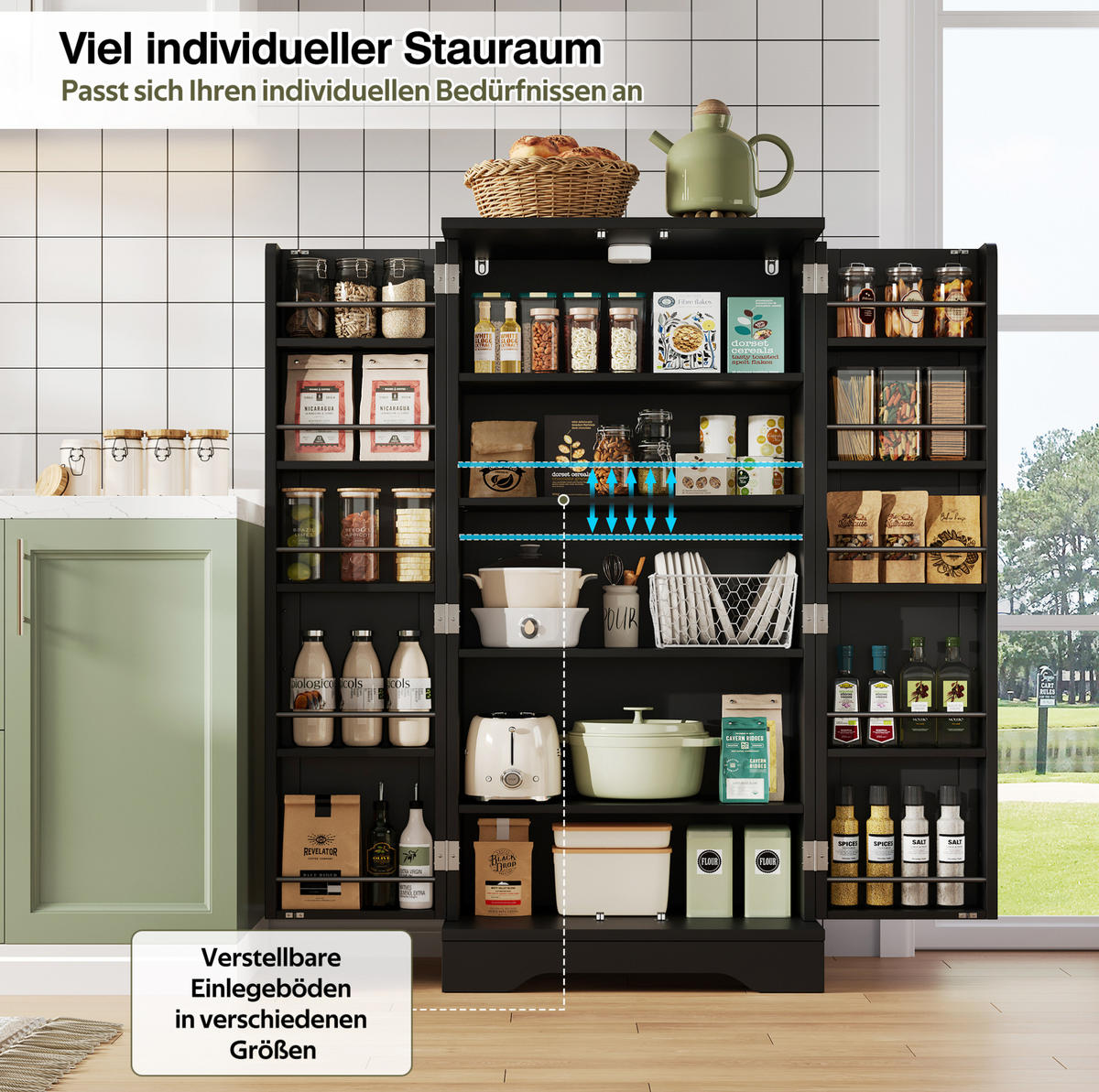 ANRICHTE Hochschrank 120/60/40 cm aus MDF mit LED-Sensorlicht und verstellbarem Regalboden Schwarz - Schwarz, Holzwerkstoff (60/120/40cm) - Modenvie