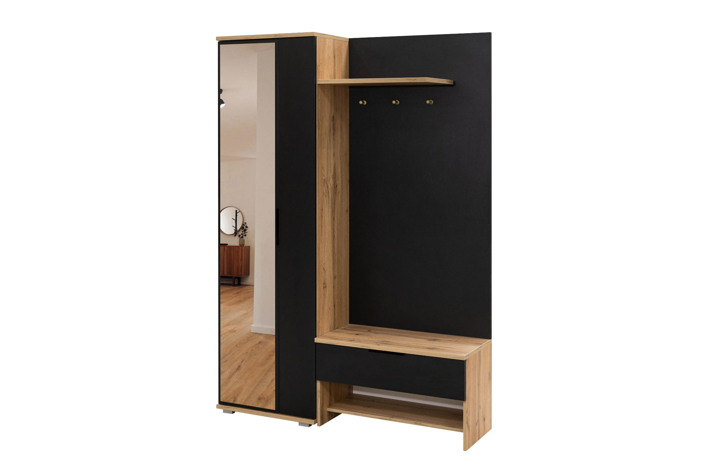 Deine Möbel 24 Garderobe Schwarz, Eiche Wotan 140x200x40 cm
