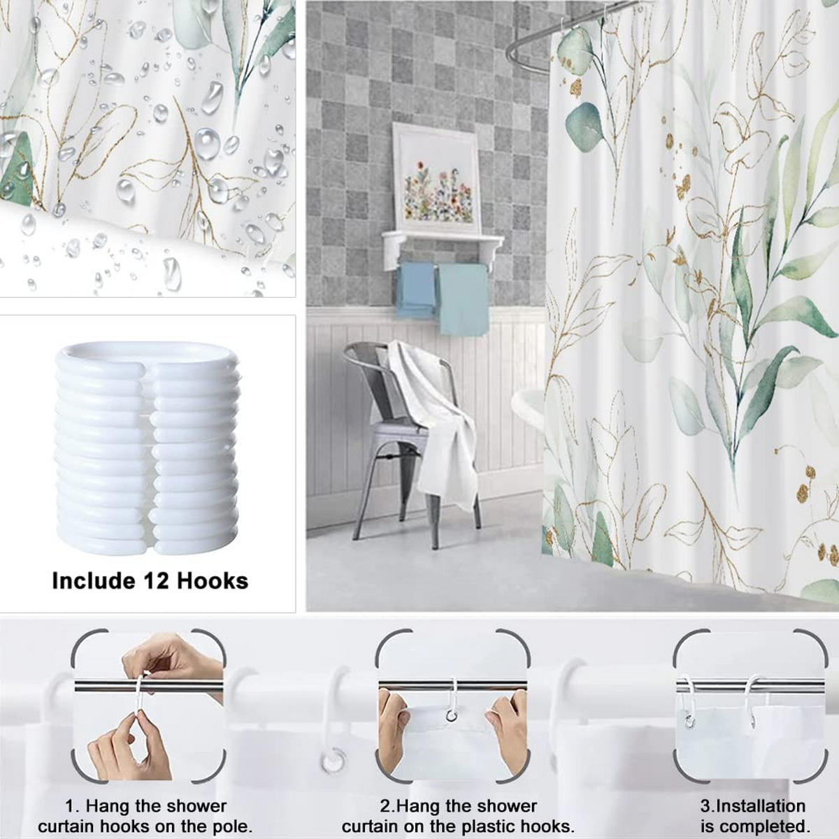 DUSCHVORHANG botanisch Muster 180 x 180 cm schimmelresistent wasserdicht blickdicht waschbar - Weiß, Textil (180/180cm) - MCBOSON
