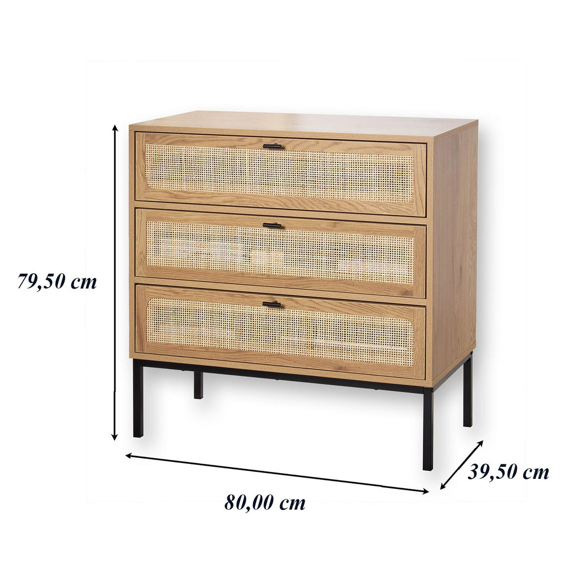 KOMMODE mit 3 Schubladen und Vorderseite aus Rattan - L80 cm - Eichefarben, Holzwerkstoff (39/79/80cm) - Calicosy