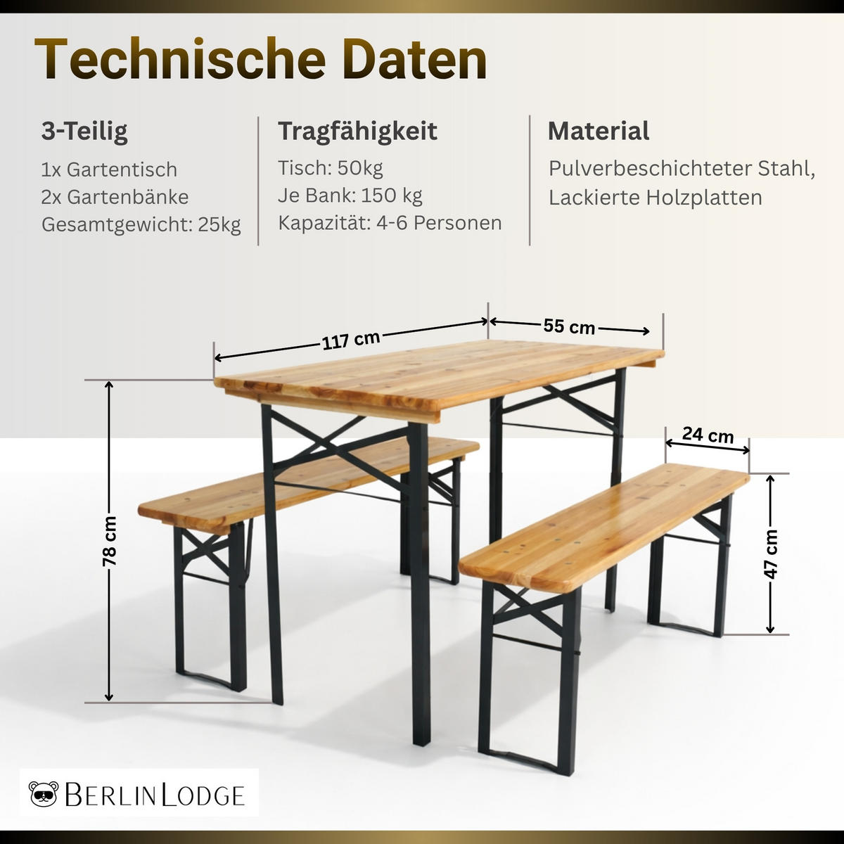 BIERZELTGARNITUR WIESN klappbar 116cm breit 3-teilig lackiertes Holz - Schwarz/Naturfarben, Holz/Metall - CHEFGASTRO