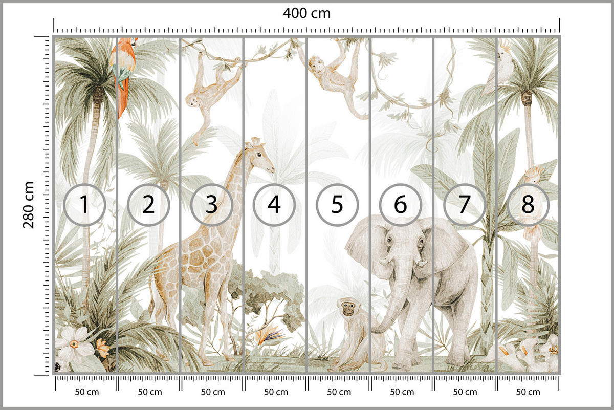 FOTOTAPETA Pre Detskú Izbu Džungľa Zvieratá Žirafa Slon Palmy 400 x 280 cm - hnedá/sivá, papier (400/280cm) - Muralo