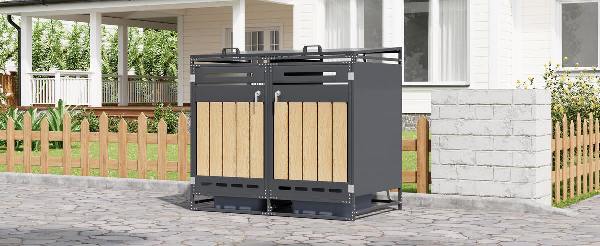 MÜLLTONNENBOX Hydraulik Deckel Holzoptik Schloss - Schwarz, Metall (131/116/79cm) - LEBENLANG