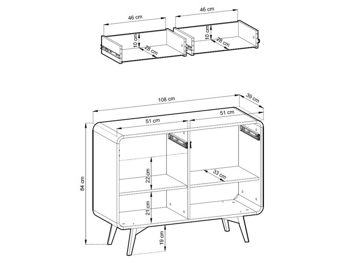 KOMMODE Velion Vincenza Eiche, Zweitürig mit Schubladen, abgerundete Kanten - Eichefarben, Holzwerkstoff (108/84/39cm) - Bettso