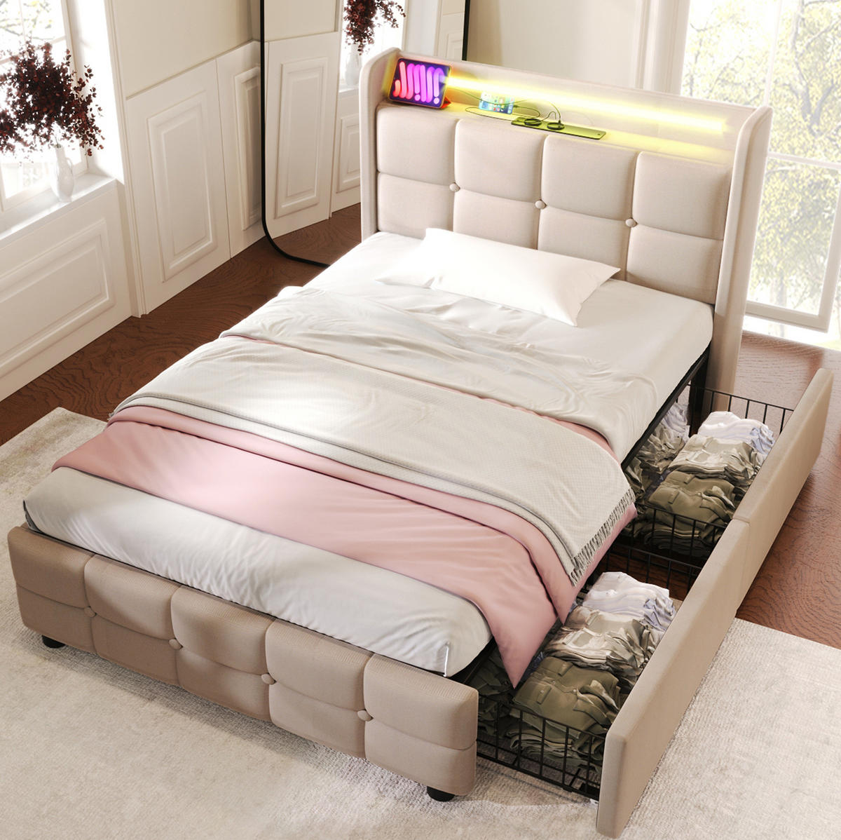 POLSTERBETT 90/200 cm Beige aus Holz mit LED, USB und 2 Schubladen - Beige, Holzwerkstoff (90/200cm) - OKWISH