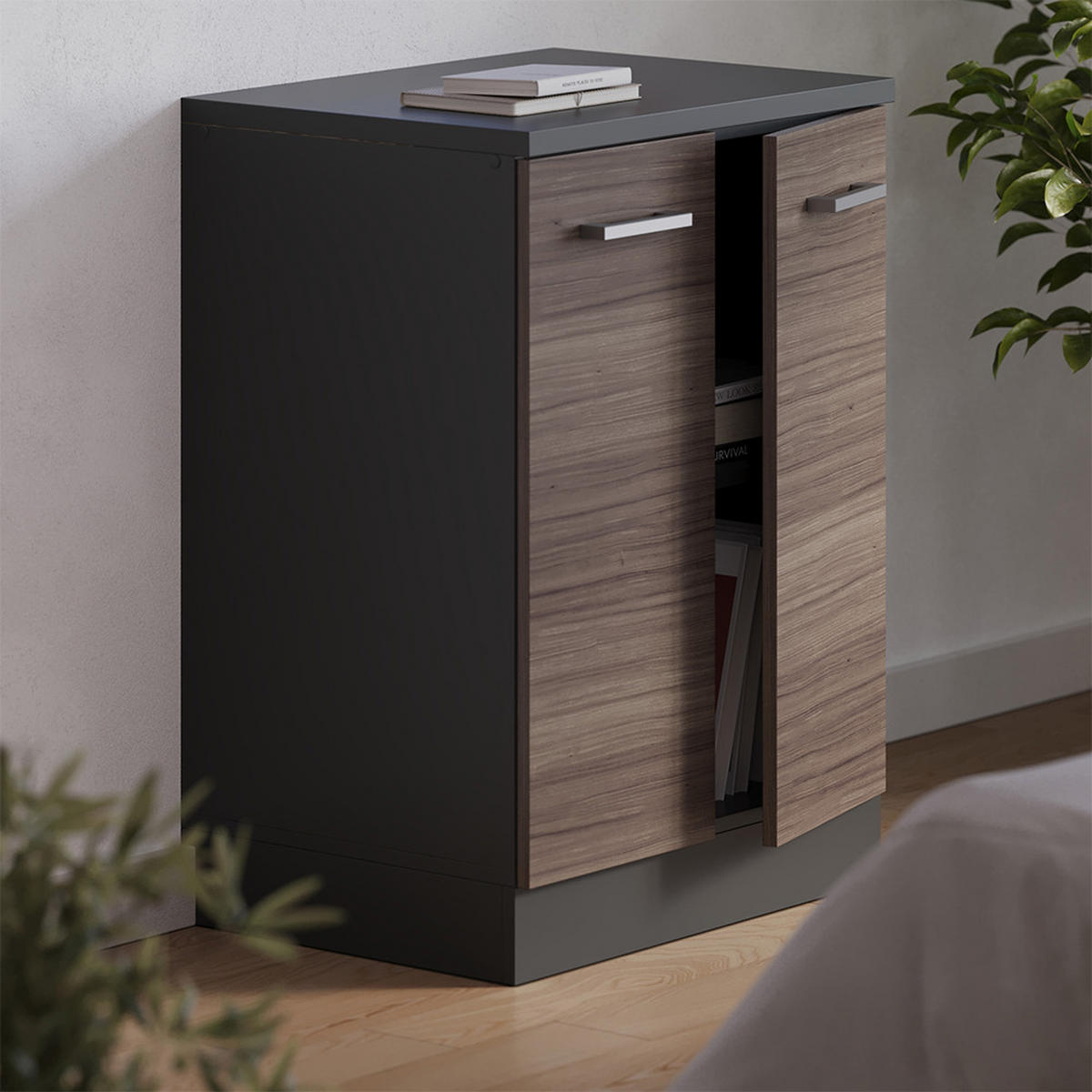 KUHINJSKA OMARA ZA POŠEVNE STREHE R-Line, Žlahtna siva, 60 cm brez naklona z 2 vrati - siva/antracit, leseni material (60/83.8/46cm) - Vicco