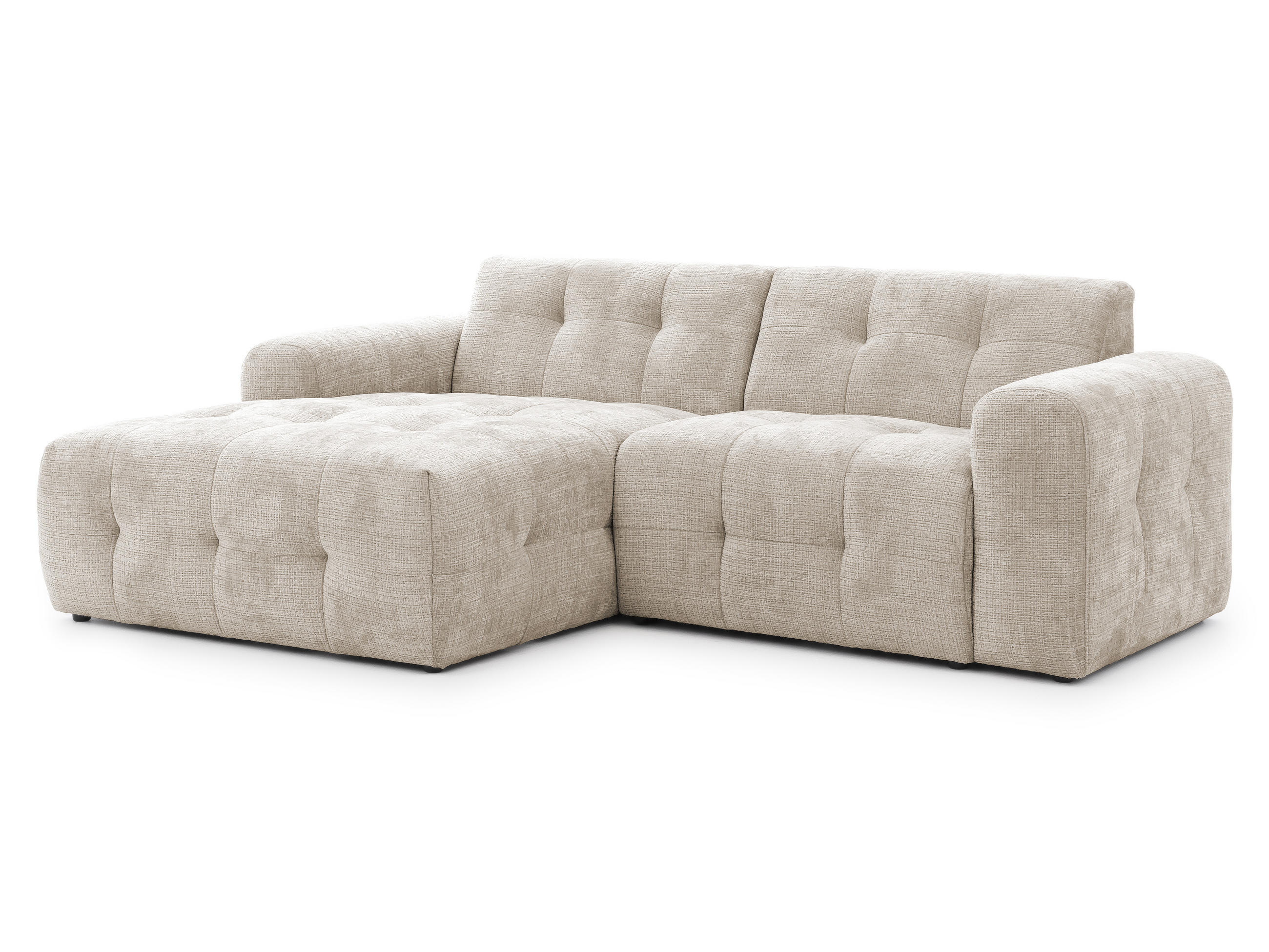 ECKSOFA Kozy im Bumpy-Design mit fester Rückenlehne aus weichem Dunkelbeige Chenille-Stoff - Ottomane links - Beige/Schwarz, Holz/Kunststoff (161/234cm) - S-Style Möbel