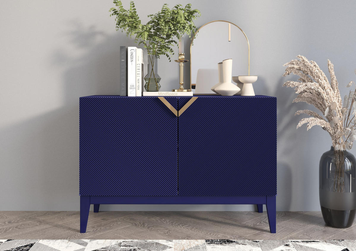 SIDEBOARD Demi 2D Long, Marinblau-Gold, Mit Gefrästen Fronten, Massive Buche - Dunkelblau, Holz/Holzwerkstoff (100.5/70/42cm) - Visby