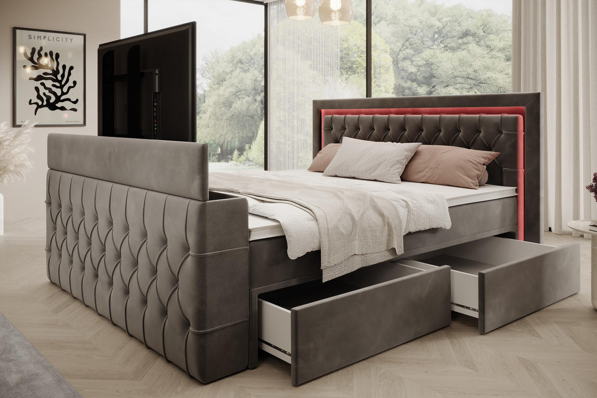 BOXSPRINGBETT Arosa TV mit Schubladen und Topper, TV-Lift, LED Beleuchtung, Samt, 180x200 cm, Grau - Grau, Holz - PROMETO Möbel