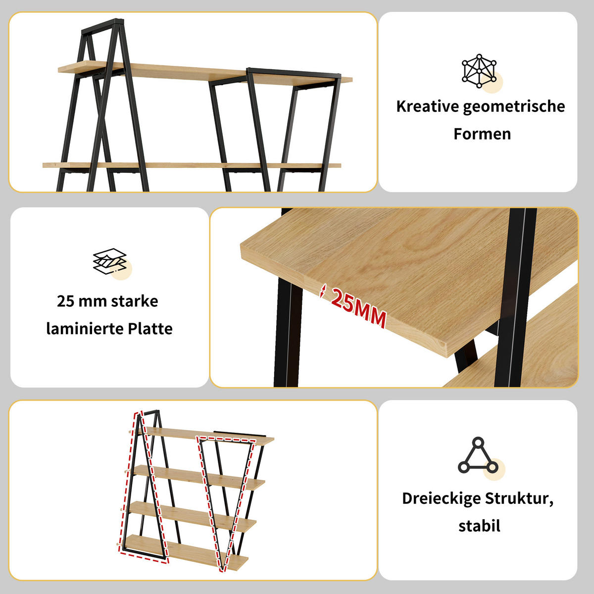 REGAL 158cm Metall MDF Dreiecksdesign offen modern - Braun, Holzwerkstoff (158/166/35cm) - FLIEKS