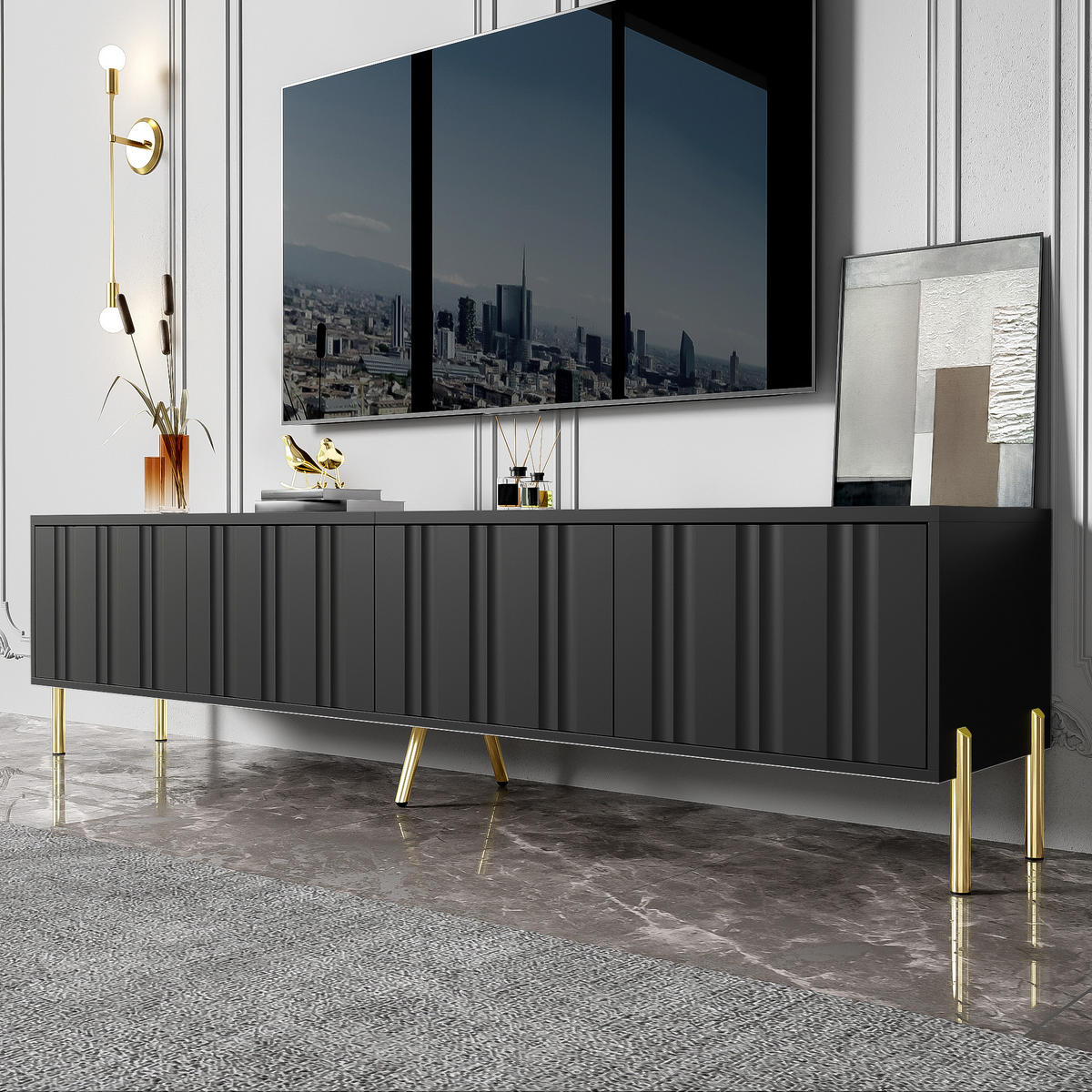 TV-ELEMENTSCHWARZ 190x38x48cm Fernsehschrank Gerillte Türen Goldene Beine - Schwarz, Holz (44.5/17.98/108cm) - Raelunyi