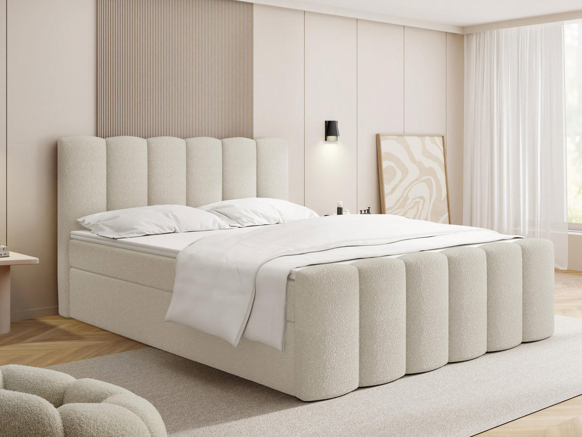 BOXBETT Serenity mit Bettkasten, Boucle Creme 180x200 cm – inkl. H4 Taschenfederkern Matratze & Foam Topper - Creme/Schwarz, Holz/Holzwerkstoff (180/200cm) - WFL GROUP