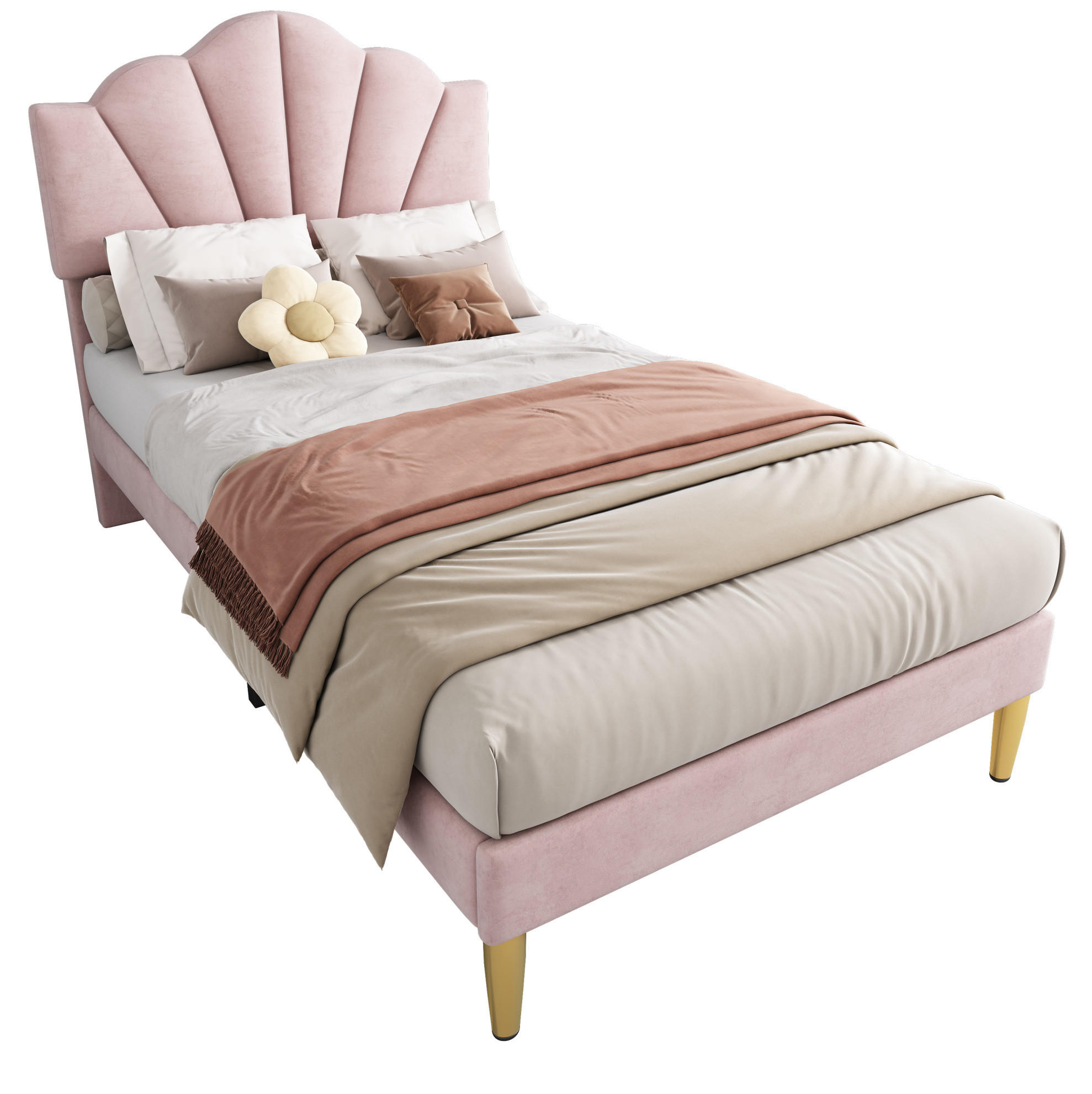 POLSTERBETT 90/200 cm mit verstellbarem Kopfteil, muschelförmigem Samtbezug und Lattenrost, Rosa - Rosa, Textil (90/200cm) - Redom