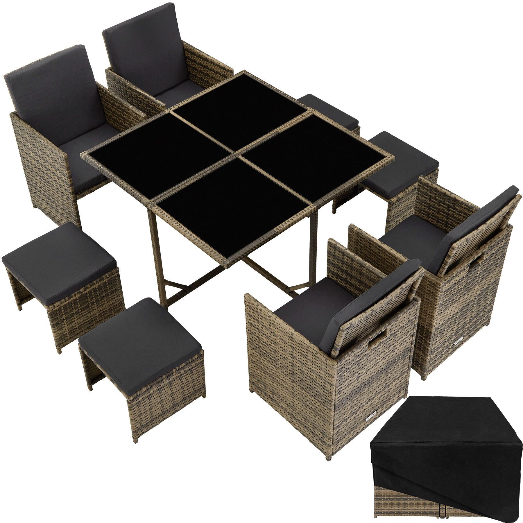 RATTAN-SITZGRUPPE Bilbao 4+4+1 inkl. Schutzhülle,Natur, 4 Sessel 53x53x87 cm, Tisch 110x110x73 cm,Abnehmbare Bezüge,Wasserabweisend - Naturfarben, Kunststoff - tectake