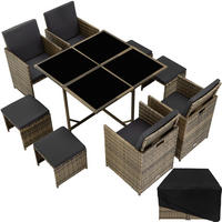 RATTAN-SITZGRUPPE Bilbao 4+4+1 inkl. Schutzhülle,Natur, 4 Sessel 53x53x87 cm, Tisch 110x110x73 cm,Abnehmbare Bezüge,Wasserabweisend - Naturfarben, Kunststoff - tectake